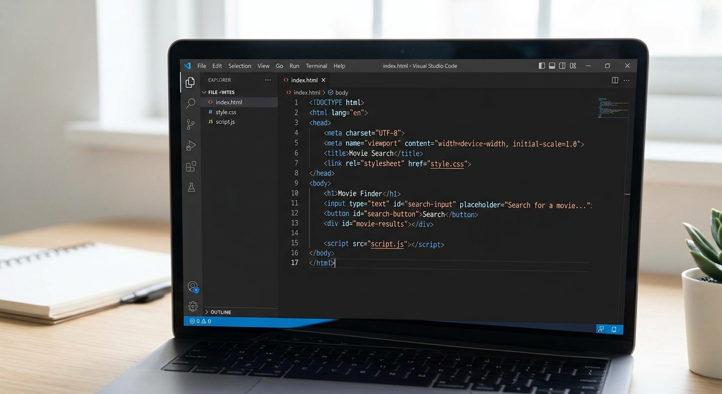 A screenshot of Visual Studio Code showing the index.html file with standard HTML boilerplate code and an empty body tag.