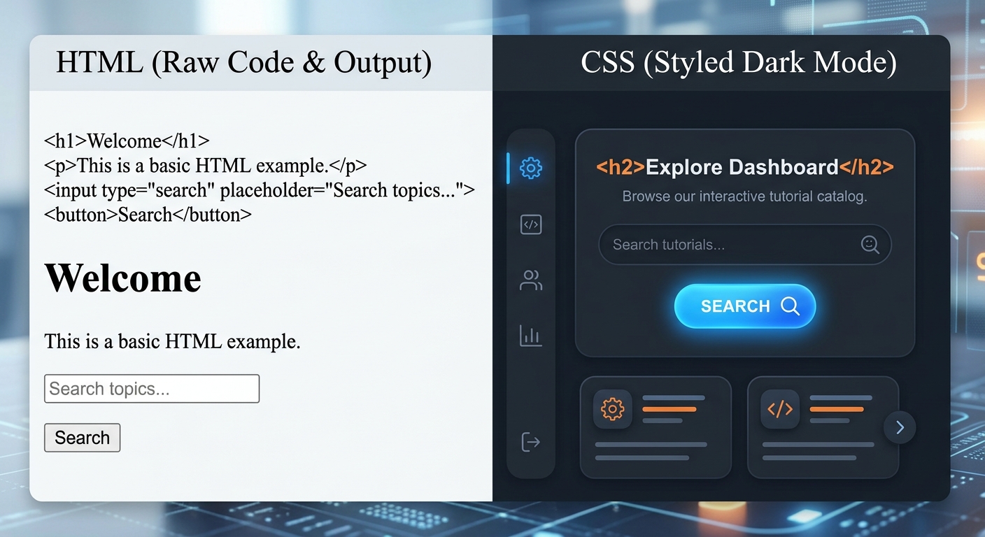 A split-screen showing the raw HTML output on the left and the beautifully styled dark-mode CSS output on the right.