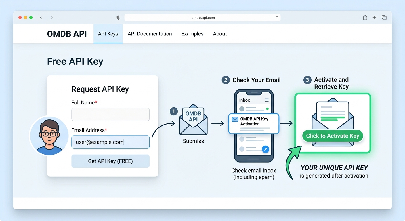 A screenshot of the OMDB API website showing the free API key registration form.